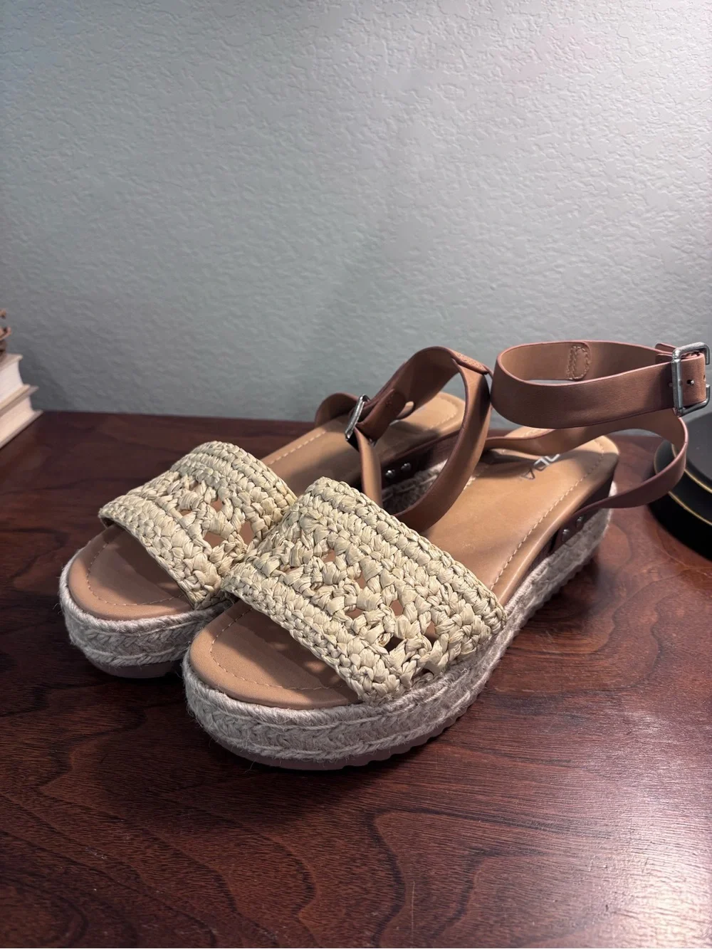 Soda Cream Woven Espadrille Platform Sandal with Brown Ankle Strap